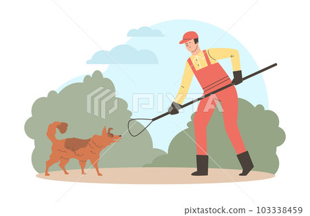 Homeless animal control service man catches stray dog with special tool flat style Homeless animal control service man catches stray dog with special tool flat style 103338459