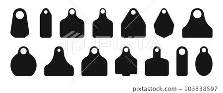 Ear tags for cattle. Set of blank black identification labels for farm animals isolated on white background. Collection of earmark mockups for livestock 103338597
