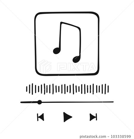 Music player interface in doodle style with buttoms, loading bar, sound wave sign and frame for album photo. Hand drawn audio player template. Vector graphic illustration 103338599