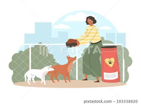 Volunteer feeds animals at homeless dog shelter vector illustration isolated. Volunteer feeds animals at homeless dog shelter vector illustration isolated. 103338820
