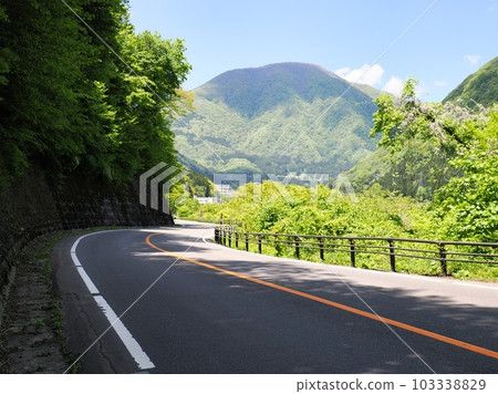 Summer mountain pass road with curb lanes 103338829