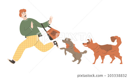 Frightened man runs away from stray dogs, flat vector illustration isolated. 103338832