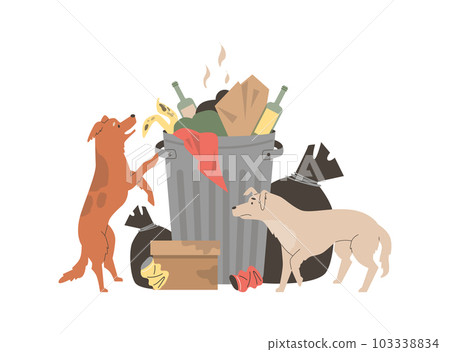 Stray dogs digging in trash flat style, vector illustration 103338834