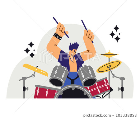 Rock band musician playing drums in concert, flat vector illustration isolated on white background. 103338858