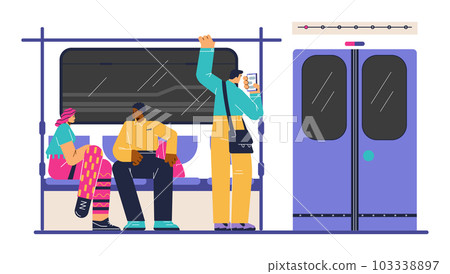 Vector illustration of woman and black man are sitting and talking, guy is looking in smartphone in the subway train next to the automatic door 103338897