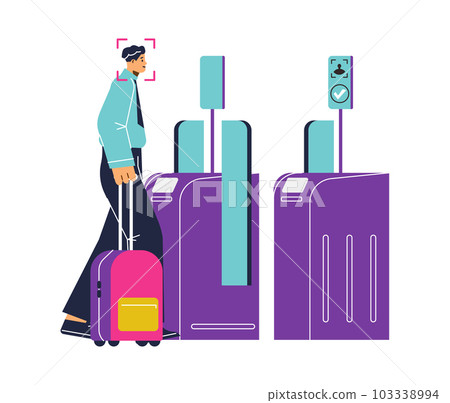 Smiling man with suitcase passes through turnstile use facial scanner flat style 103338994