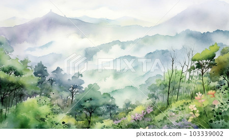 清晨，晨霧如雲海一般籠罩在里山上空。做成水彩畫。 103339002