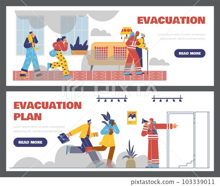 Evacuation plan banners with rescue forces evacuating people, flat vector. Evacuation plan banners with rescue forces evacuating people, flat vector. 103339011