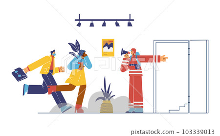 Fireman with loudspeaker showing direction flat style, vector illustration Fireman with loudspeaker showing direction flat style, vector illustration 103339013