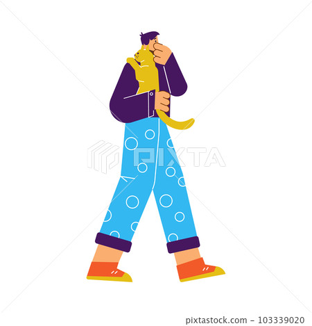Man running saving himself and pet from fire, flat vector illustration isolated. Man running saving himself and pet from fire, flat vector illustration isolated. 103339020