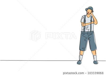 Single continuous line drawing mime artist stands with call me gesture and white face make-up makes audience laugh with silent comedy. Great show. One line draw graphic design vector illustration 103339068