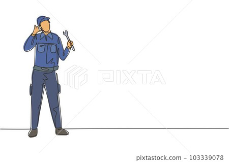 Single one line drawing mechanic stands up with call me gesture and holding wrench to perform maintenance on vehicle engine. Success business. Continuous line draw design graphic vector illustration 103339078