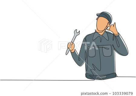 Continuous one line drawing mechanic with call me gesture and holding wrench works to fix broken car engine in garage. Success business concept. Single line draw design vector graphic illustration Continuous one line drawing mechanic with call me gesture and holding wrench works to fix broken car engine in garage. Success business concept. Single line draw design vector graphic illustration 103339079