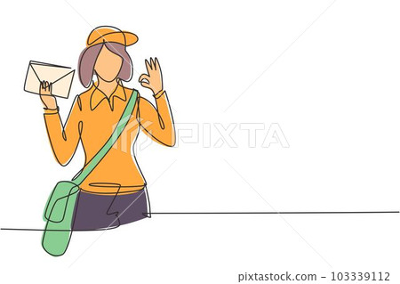 Single one line drawing postwoman wearing hat, sling bag, and uniform with gesture okay holds envelope to delivered to home address. Modern continuous line draw design graphic vector illustration Single one line drawing postwoman wearing hat, sling bag, and uniform with gesture okay holds envelope to delivered to home address. Modern continuous line draw design graphic vector illustration 103339112