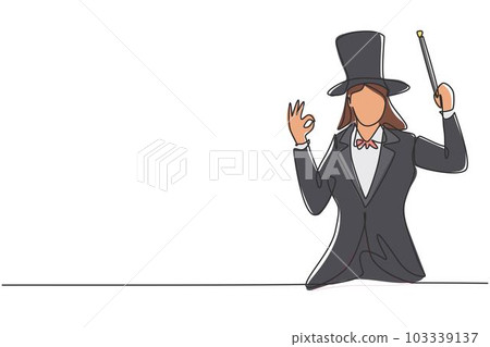 Single continuous line drawing female magician with gesture okay wearing hat and holding magic stick ready to entertain audience at television show. One line draw graphic design vector illustration 103339137