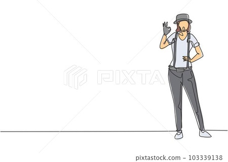 Continuous one line drawing female mime artist stands with gesture okay and white face make-up makes audience laugh with silent comedy. Great show. Single line draw design vector graphic illustration Continuous one line drawing female mime artist stands with gesture okay and white face make-up makes audience laugh with silent comedy. Great show. Single line draw design vector graphic illustration 103339138