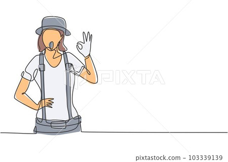 Continuous one line drawing female mime artist with gesture okay and white face make-up puts on a silent motion comedy show at circus arena. Single line draw design vector graphic illustration 103339139