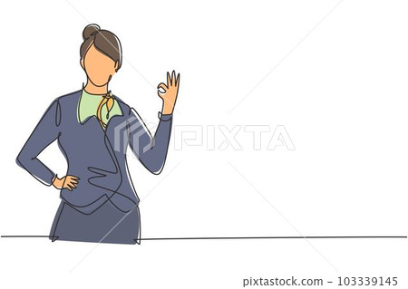 Single one line drawing flight attendant with gesture okay ready to serve airplane passengers in a friendly and warm manner. Professional work. Continuous line draw design graphic vector illustration Single one line drawing flight attendant with gesture okay ready to serve airplane passengers in a friendly and warm manner. Professional work. Continuous line draw design graphic vector illustration 103339145