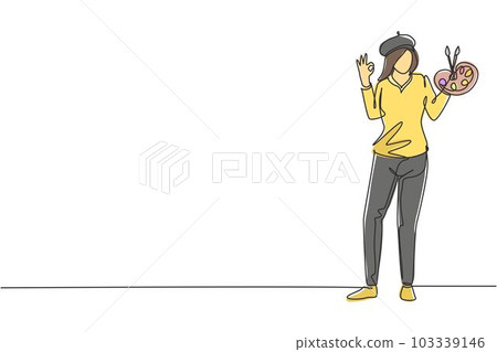 Single continuous line drawing female painter stands with gesture okay using hat and painting tools to produce artwork in his workshop studio. Dynamic one line draw graphic design vector illustration 103339146