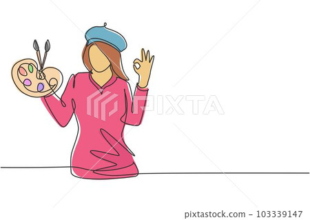 Single one line drawing female artist painter with gesture okay using painting tools such as brushes, canvas, and watercolors in producing art. Continuous line draw design graphic vector illustration Single one line drawing female artist painter with gesture okay using painting tools such as brushes, canvas, and watercolors in producing art. Continuous line draw design graphic vector illustration 103339147