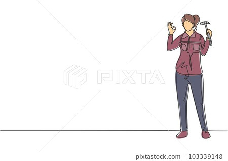 Single one line drawing female carpenter standing with gesture okay works for wood industry and must be skilled at using carpentry tools. Modern continuous line draw design graphic vector illustration Single one line drawing female carpenter standing with gesture okay works for wood industry and must be skilled at using carpentry tools. Modern continuous line draw design graphic vector illustration 103339148