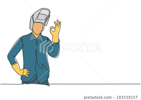 Single continuous line drawing welder with gesture okay works in the construction of building forming steel frame that is melted by fire. Dynamic one line draw graphic design vector illustration Single continuous line drawing welder with gesture okay works in the construction of building forming steel frame that is melted by fire. Dynamic one line draw graphic design vector illustration 103339157