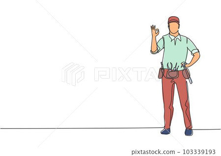 Single continuous line drawing handyman stands with gesture okay and tools such as pliers, screwdriver, hammer that placed on his work shirt. Dynamic one line draw graphic design vector illustration 103339193