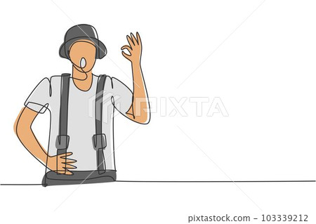 Single one line drawing of mime artist with gesture okay and white face make-up puts on a silent motion comedy show at circus arena. Modern continuous line draw design graphic vector illustration Single one line drawing of mime artist with gesture okay and white face make-up puts on a silent motion comedy show at circus arena. Modern continuous line draw design graphic vector illustration 103339212