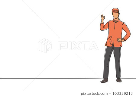 Single one line drawing of doorman stood with one hand on his waist and the other with gesture okay. Working with great hospitality. Modern continuous line draw design graphic vector illustration 103339213