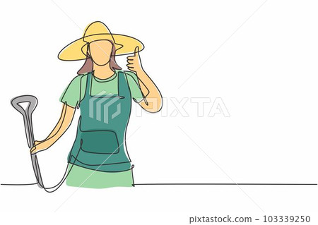 Continuous one line drawing female farmer with a thumbs-up gesture wearing a straw hat and carrying a shovel to work on the farm at harvest time. Single line draw design vector graphic illustration. Continuous one line drawing female farmer with a thumbs-up gesture wearing a straw hat and carrying a shovel to work on the farm at harvest time. Single line draw design vector graphic illustration. 103339250