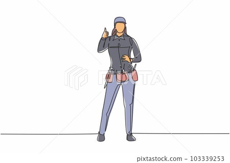 Continuous one line drawing handywoman stands with thumbs-up gesture and tools such as pliers, screwdriver, hammer that is placed on his work shirt. Single line draw design vector graphic illustration Continuous one line drawing handywoman stands with thumbs-up gesture and tools such as pliers, screwdriver, hammer that is placed on his work shirt. Single line draw design vector graphic illustration 103339253