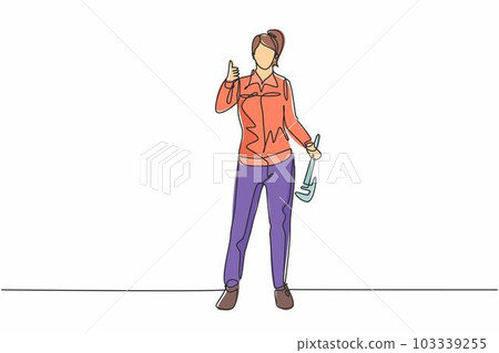 Single one line drawing of plumber woman stands with the gesture of raising his thumb and holding a carpentry tool fixing a broken plumbing. Continuous line draw design graphic vector illustration. Single one line drawing of plumber woman stands with the gesture of raising his thumb and holding a carpentry tool fixing a broken plumbing. Continuous line draw design graphic vector illustration. 103339255