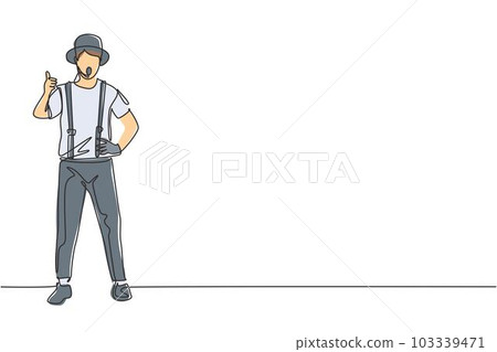 Single one line drawing of Mime Artist stands with a thumbs-up gesture and white face make-up makes audience laugh with silent comedy. Modern continuous line draw design graphic vector illustration. 103339471