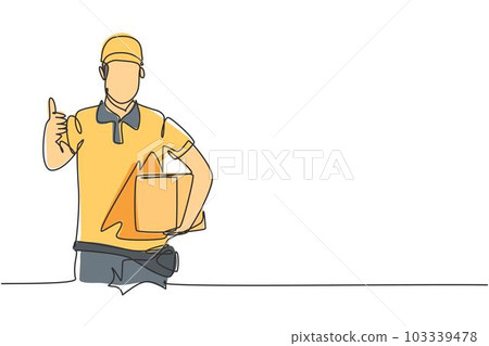 Continuous one line drawing delivery man with a thumbs-up gesture, carrying the package box to be delivered to customers with the best service. Single line draw design vector graphic illustration. 103339478