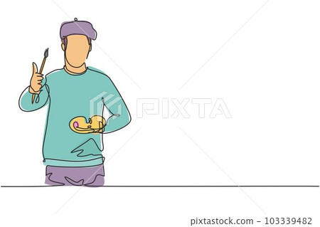 Single continuous line drawing artist painter with a thumbs-up gesture using painting tools such as brushes, canvas, and watercolors in producing art. One line draw graphic design vector illustration. 103339482