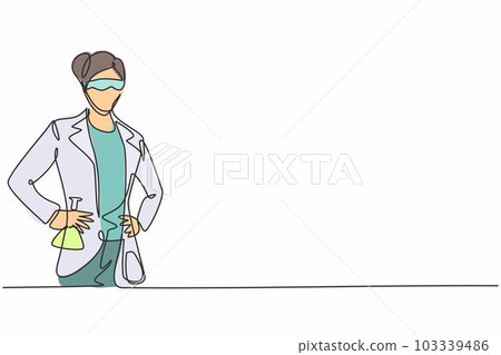 Single continuous line drawing of young female scientist holding flask with hands on hip. Professional work job occupation. Minimalism concept one line draw graphic design vector illustration 103339486
