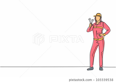Single one line drawing of young beauty female mechanic posing with hands on hip. Professional work profession and occupation minimal concept. Continuous line draw design graphic vector illustration Single one line drawing of young beauty female mechanic posing with hands on hip. Professional work profession and occupation minimal concept. Continuous line draw design graphic vector illustration 103339538