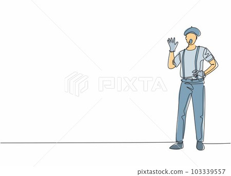 Single one line drawing of young man pantomime artist pose standing while perform. Professional work profession and occupation minimal concept. Continuous line draw design graphic vector illustration 103339557