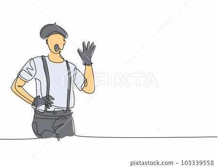 Continuous one line drawing of young male mime artist making hand gesture to entertain the audience. Professional job profession minimalist concept. Single line draw design vector graphic illustration 103339558