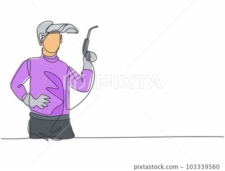 Single continuous line drawing of young male welder wearing mask and holding welding machine. Professional work job occupation. Minimalism concept one line draw graphic design vector illustration 103339560