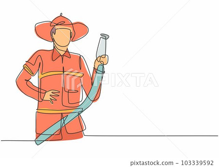 Continuous one line drawing of young male firefighter holding water nozzle. Professional job profession minimalist concept. Single line draw design vector graphic illustration 103339592