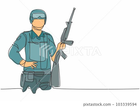 Single one line drawing of young male soldier holding riffle weapon. Professional work profession and occupation minimal concept. Continuous line draw design graphic vector illustration Single one line drawing of young male soldier holding riffle weapon. Professional work profession and occupation minimal concept. Continuous line draw design graphic vector illustration 103339594
