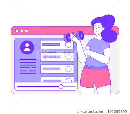 Woman Trainer Character on Computer Screen Doing Sport and Fitness Online Training and Workout Vector Illustration Woman Trainer Character on Computer Screen Doing Sport and Fitness Online Training and Workout Vector Illustration 103339595