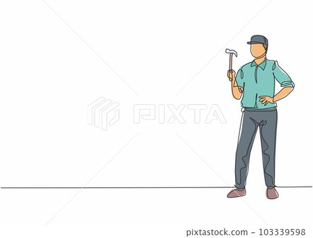 Continuous one line drawing of young handyman holding hammer. Professional job profession minimalist concept. Single line draw design vector graphic illustration 103339598