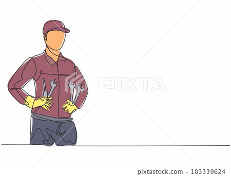 Single continuous line drawing of young man mechanic holding wrench set at car workshop garage. Professional work job occupation. Minimalism concept one line draw graphic design vector illustration Single continuous line drawing of young man mechanic holding wrench set at car workshop garage. Professional work job occupation. Minimalism concept one line draw graphic design vector illustration 103339624