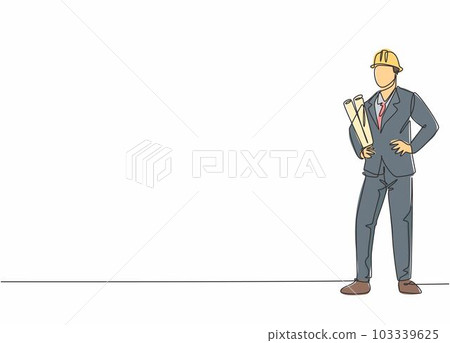 Single continuous line drawing young male architect wearing helmet while holding blueprint paper. Professional work job occupation. Minimalism concept one line draw graphic design vector illustration Single continuous line drawing young male architect wearing helmet while holding blueprint paper. Professional work job occupation. Minimalism concept one line draw graphic design vector illustration 103339625