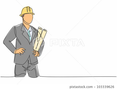 Single one line drawing of young male architect holding blueprint paper. Professional work profession and occupation minimal concept. Continuous line draw design graphic vector illustration Single one line drawing of young male architect holding blueprint paper. Professional work profession and occupation minimal concept. Continuous line draw design graphic vector illustration 103339626