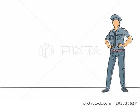Single continuous line drawing of young male captain pilot wearing uniform and pose standing. Professional work job occupation. Minimalism concept one line draw graphic design vector illustration Single continuous line drawing of young male captain pilot wearing uniform and pose standing. Professional work job occupation. Minimalism concept one line draw graphic design vector illustration 103339627