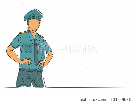 Continuous one line drawing of young captain pilot pose wearing uniform before take off flight. Professional job profession minimalist concept. Single line draw design vector graphic illustration Continuous one line drawing of young captain pilot pose wearing uniform before take off flight. Professional job profession minimalist concept. Single line draw design vector graphic illustration 103339628