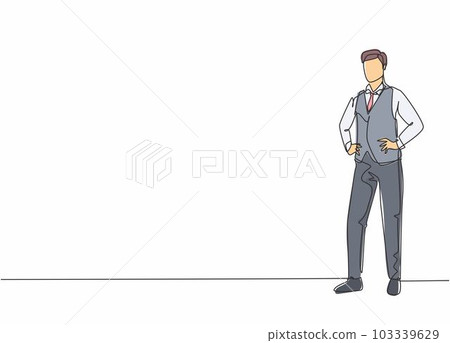 Single one line drawing of young male flight attendant pose standing at airplane. Professional work profession and occupation minimal concept. Continuous line draw design graphic vector illustration Single one line drawing of young male flight attendant pose standing at airplane. Professional work profession and occupation minimal concept. Continuous line draw design graphic vector illustration 103339629